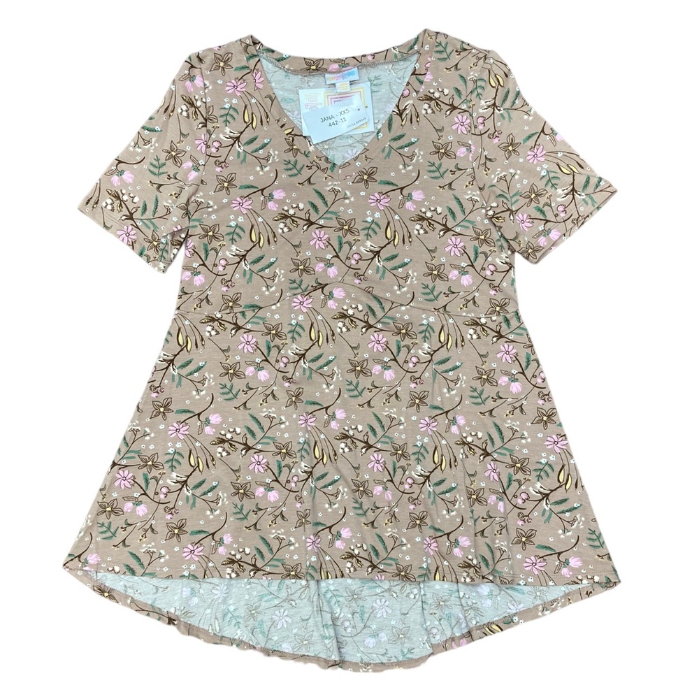 LuLaRoe Jana Women’s Empire Waist Swing Top XXS Tan Wildflowers